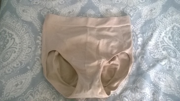 Front view of the granny panties. Much more coverage than the gaff offers. You can see the strong support elastic where the material is 'ribbed'.